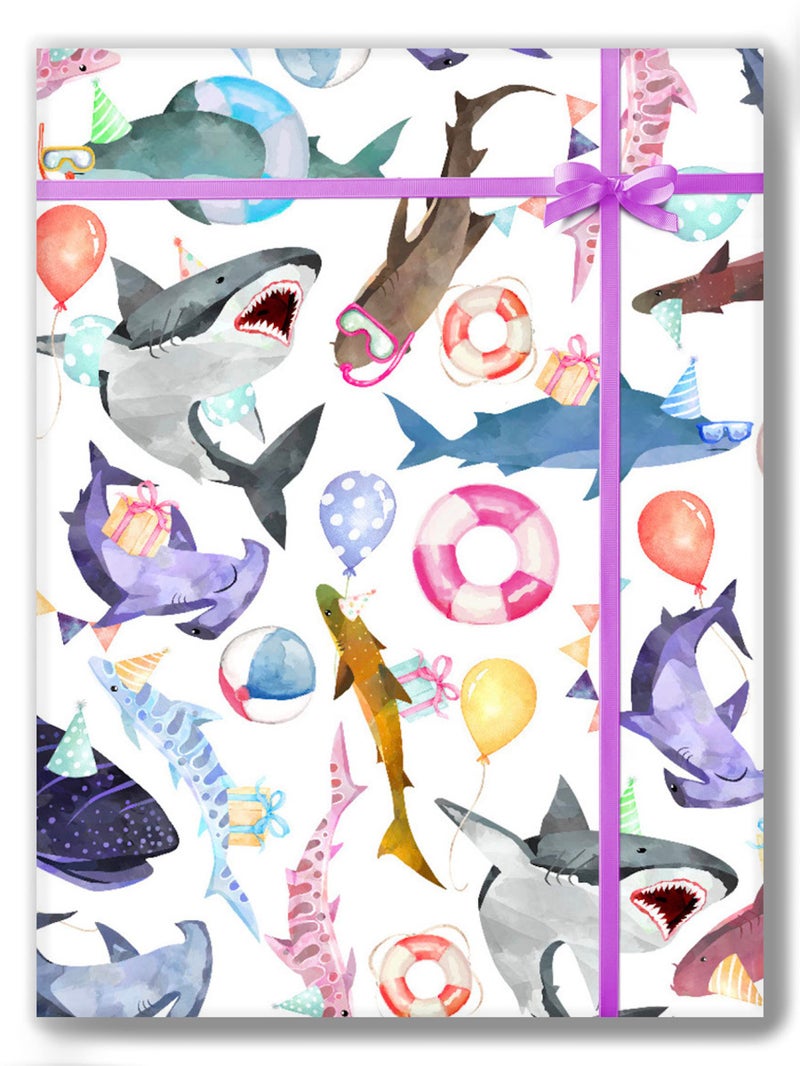 Colors of Rainbow Flat Sheet Wrapping Paper Featuring Hammerheads Great Whites Whale Sharks Tiger Sharks Wearing Party Hats and Glasses Gift Wrap (Shark Party) - Image 2